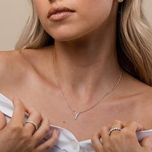 14K White Gold Initial Necklace Letter Dainty Diamond Gift Present P - Z - Picture 12 of 12